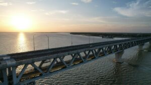 Illustrative bridge over water; not a documented flood or road closure in Five Points or Cantua Creek.