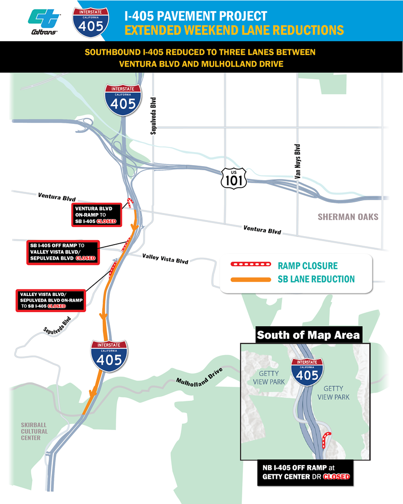 Caltrans official map of southbound I-405 lane reductions from Ventura Boulevard to Mulholland Drive and planned ramps affected during October 23–26, 2026.