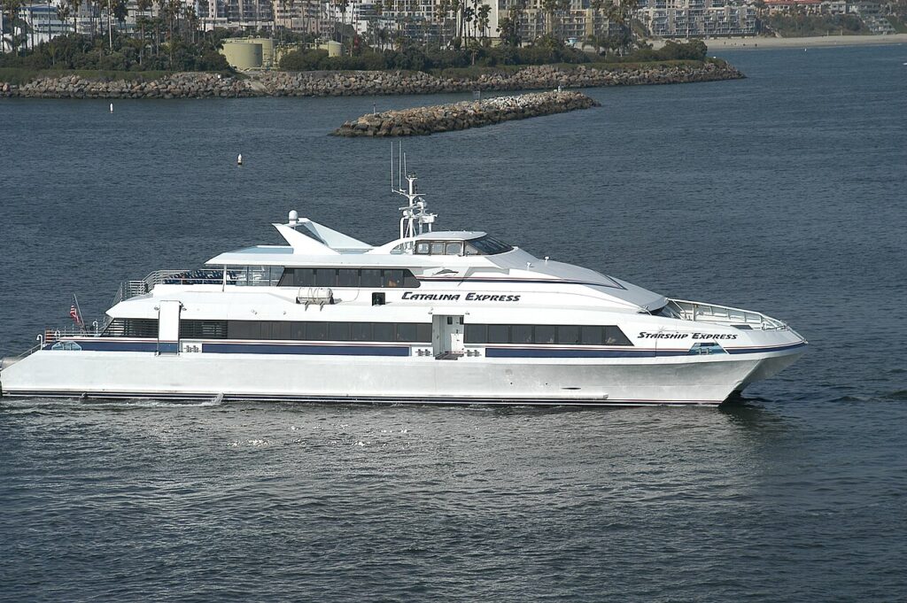 Catalina Express passenger ferry leaving Long Beach, archived 2008 photograph by Lisa Andres; not a current Catalina ferry timetable.