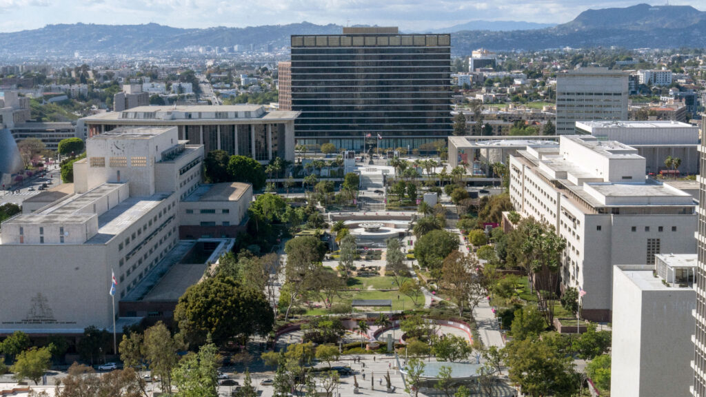 Downtown Los Angeles Civic Center viewed from LA City Hall; thematic photo for Kenneth Hahn Hall closure