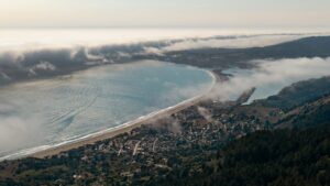 Fog flowing toward Stinson Beach on the Marin County coast; illustrative photo, not a current surf conditions report