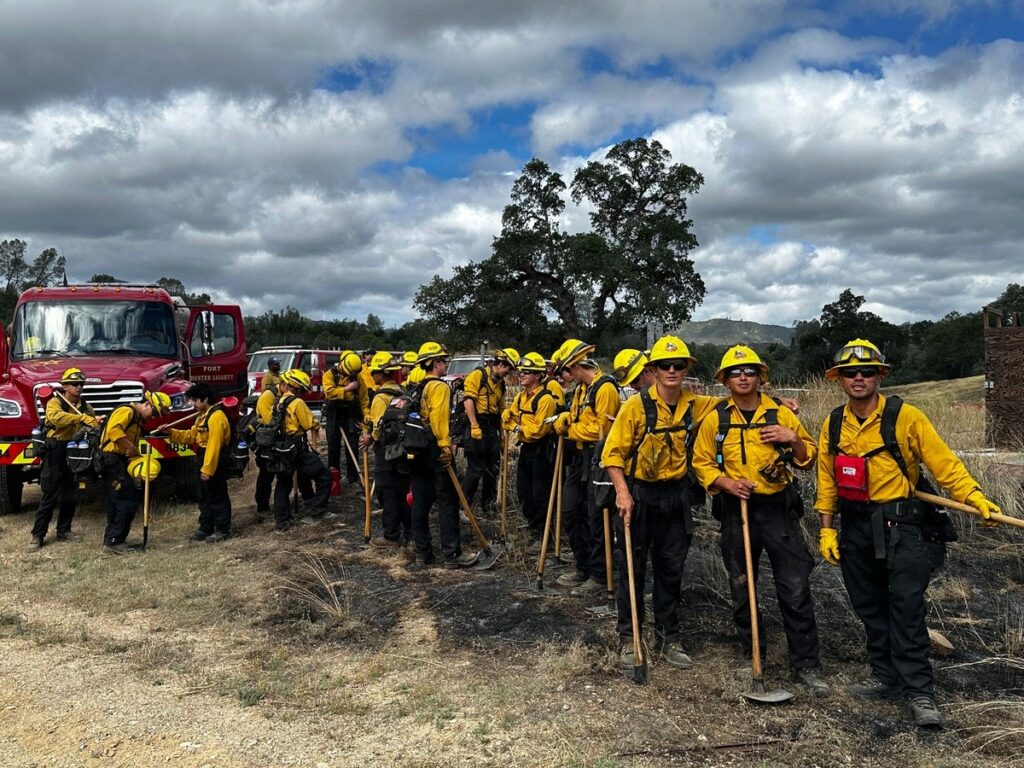 Firefighters from Fort Hunter Liggett, CAL FIRE and partners assemble at the May 27, 2026 prescribed fire operation; U.S. Army photo by Augusta Vargas
