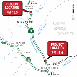 Official Caltrans project map showing the San Lorenzo River Bridge at post mile 13.6 and Kings Creek Bridge at post mile 15.5 near Boulder Creek on Highway 9, California.