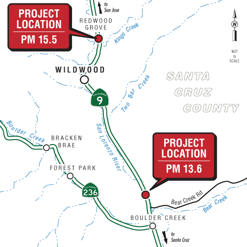 Official Caltrans project map showing the San Lorenzo River Bridge at post mile 13.6 and Kings Creek Bridge at post mile 15.5 near Boulder Creek on Highway 9, California.