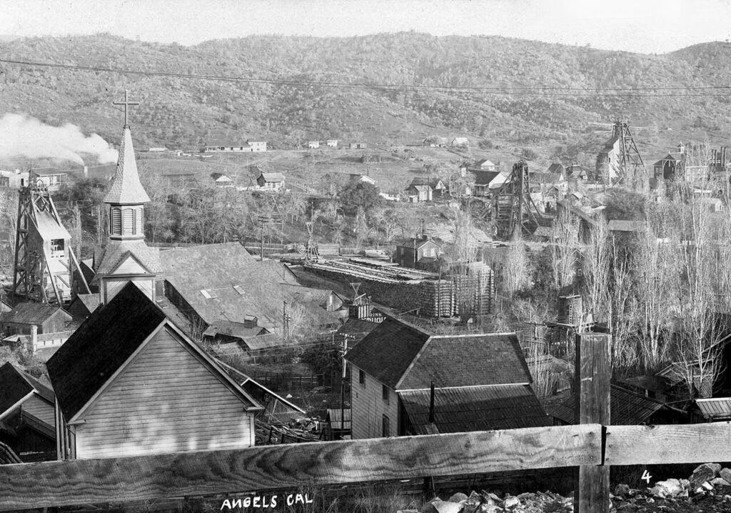 Historic archival streetscape of Angels Camp, Calaveras County, California, circa 1900. Public-domain historical photograph.