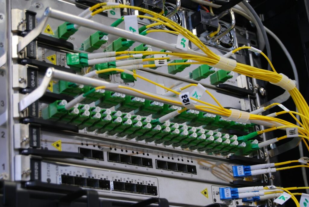 Illustrative fiber-optic network rack, not a completed Frontier project in Dos Palos