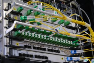 Illustrative fiber-optic network rack, not a completed Frontier project in Dos Palos