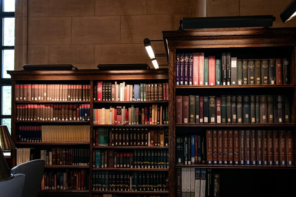 Illustrative book shelves at another library, not a Tehama County branch