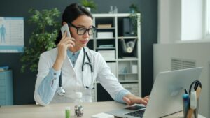 Illustrative physician on phone, not an AMR or Merced County nurse navigator