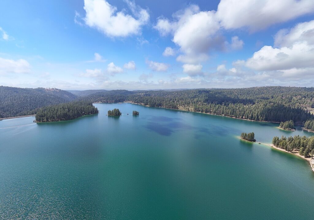 Jenkinson Lake and surrounding forest in Sly Park, El Dorado County, photographed in April 2025 by Quintin Soloviev; CC BY 4.0.
