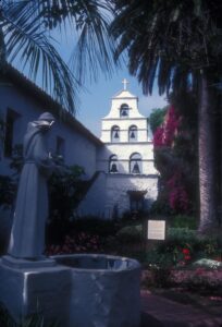Five-bell mission campanario viewed from the gardens at Mission San Diego de Alcalá, San Diego, California