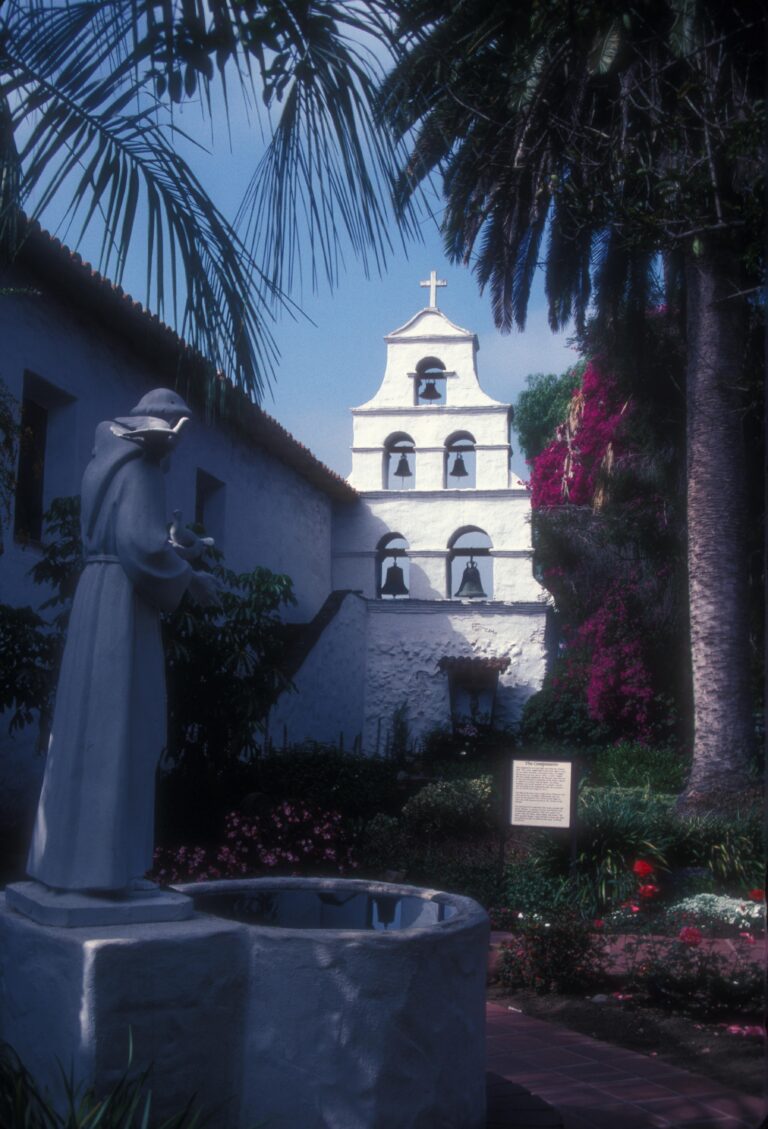 Five-bell mission campanario viewed from the gardens at Mission San Diego de Alcalá, San Diego, California