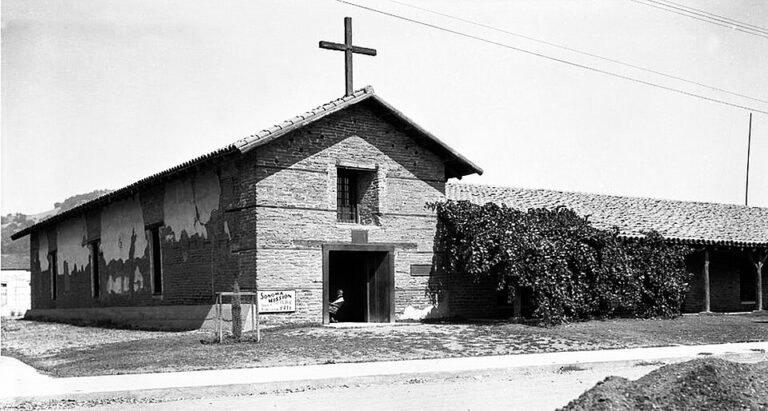 Historical black-and-white photograph of Mission San Francisco Solano in Sonoma around 1920; not a current photograph.