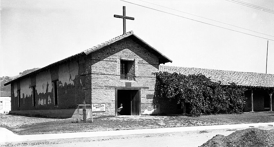 Historical black-and-white photograph of Mission San Francisco Solano in Sonoma around 1920; not a current photograph.