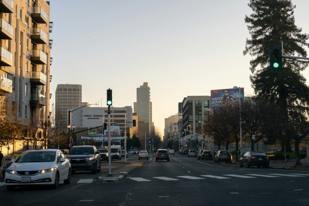 Roadway in Oakland, California at sunset; illustrative photograph for I-880 safety corridor coverage, not an image of a specific incident