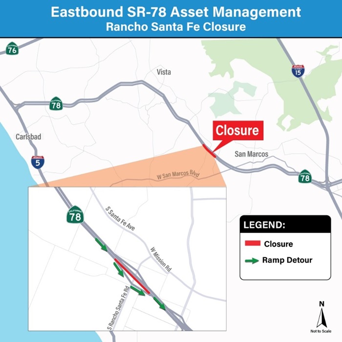 Caltrans District 11 official map showing eastbound SR-78 closure at Rancho Santa Fe Road and ramp detour in San Marcos.
