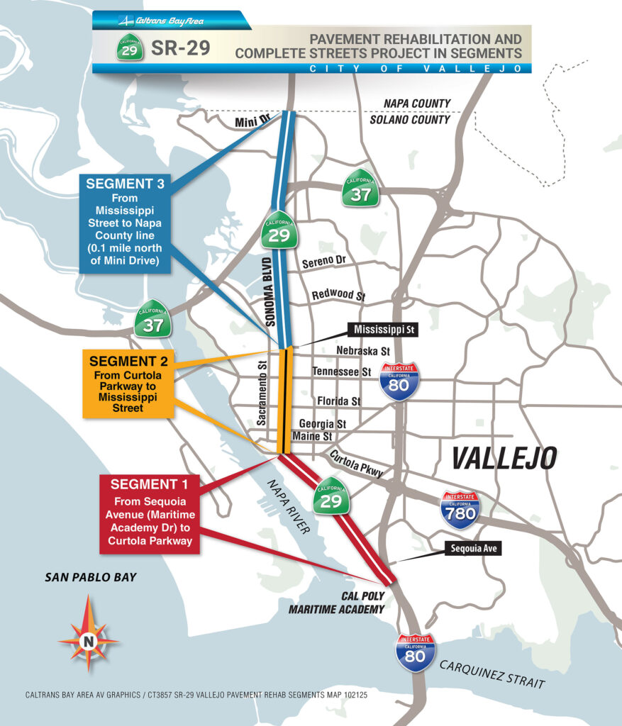 Official Caltrans District 4 map showing three SR-29 project segments in Vallejo, including Curtola Parkway to Mississippi Street.