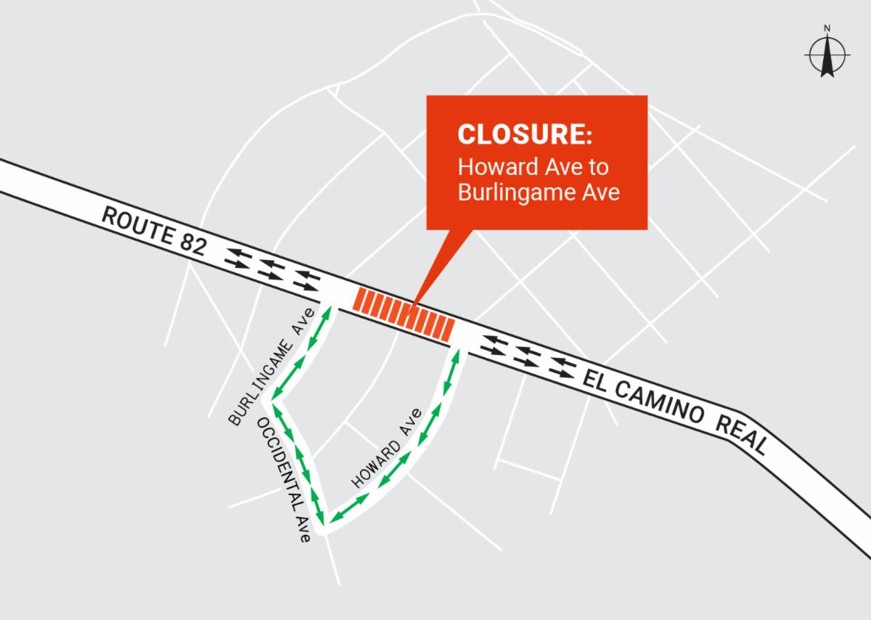 Caltrans District 4 updated detour map for closure of El Camino Real between Howard Avenue and Burlingame Avenue in Burlingame.