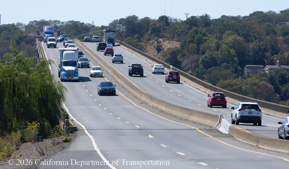 Caltrans 2025 photograph of traffic crossing the Petaluma River Bridge on State Route 37; illustrative file photo for October 2026 night lane reductions.