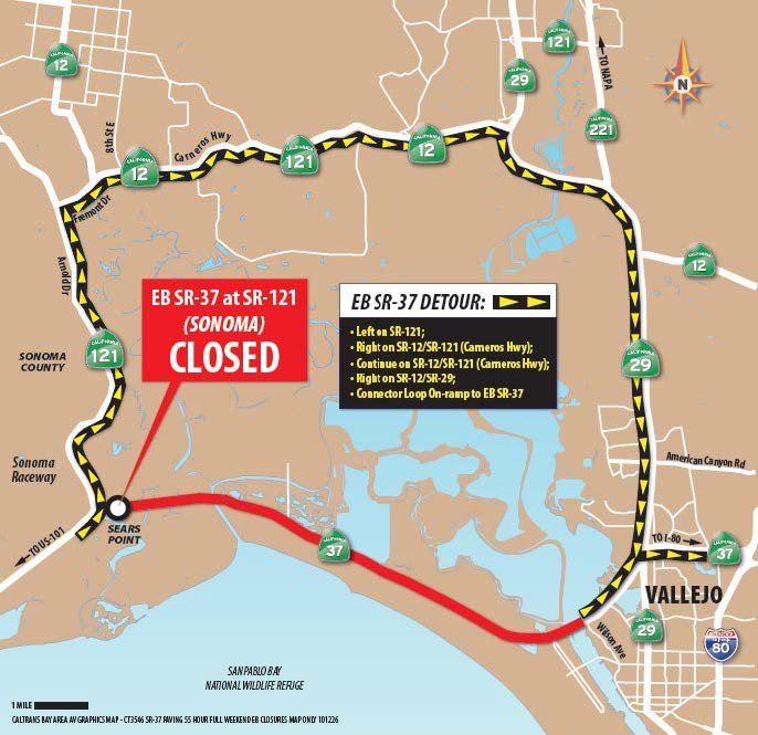 Caltrans map of the eastbound SR-37 detour via SR-121, SR-12 and SR-29 during the Oct. 23–26, 2026 closure