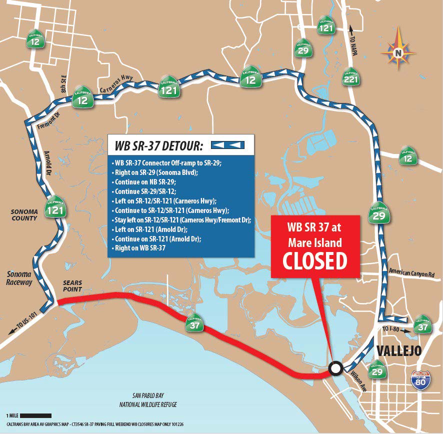 Caltrans map of the westbound SR-37 detour via SR-29, SR-12 and SR-121 during the Oct. 23–26, 2026 closure
