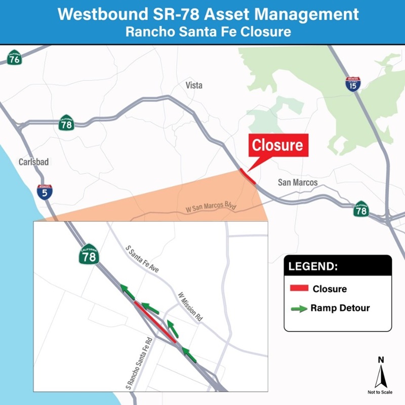 Detour map for westbound SR-78 closure at South Rancho Santa Fe Road in San Marcos