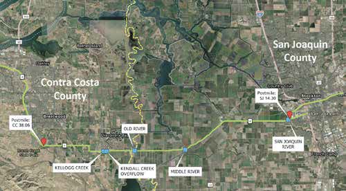 Official map showing the State Route 4 flood adaptation project corridor in San Joaquin and Contra Costa counties